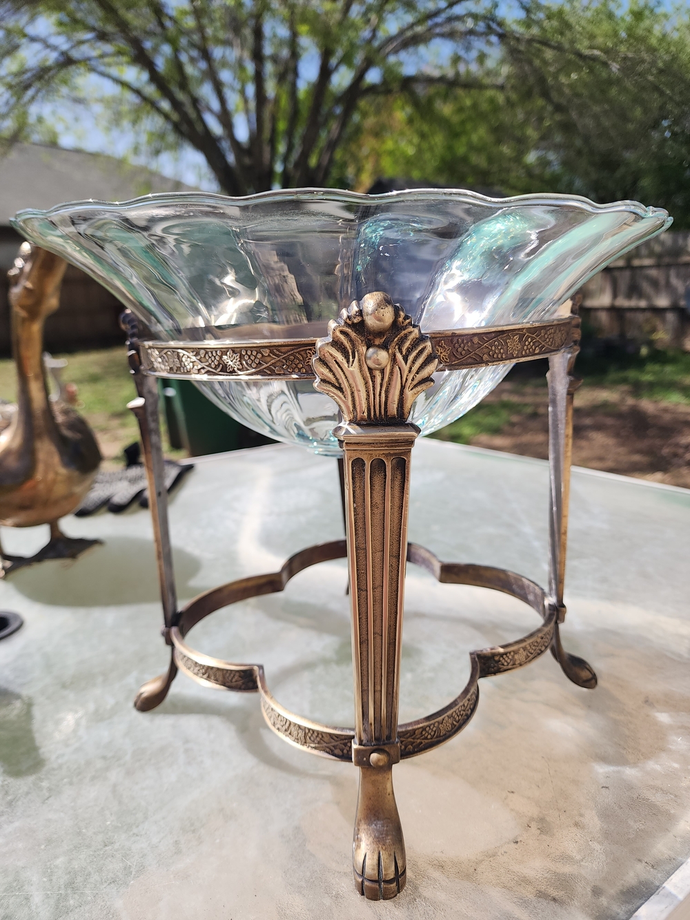 Vintage Bubbled Glass Fruit Bowl With Brass Stand